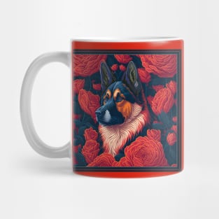 Dogs, shepherd dog and flowers, dog, seamless print, style vector (Black & red version shepherd dog) Mug